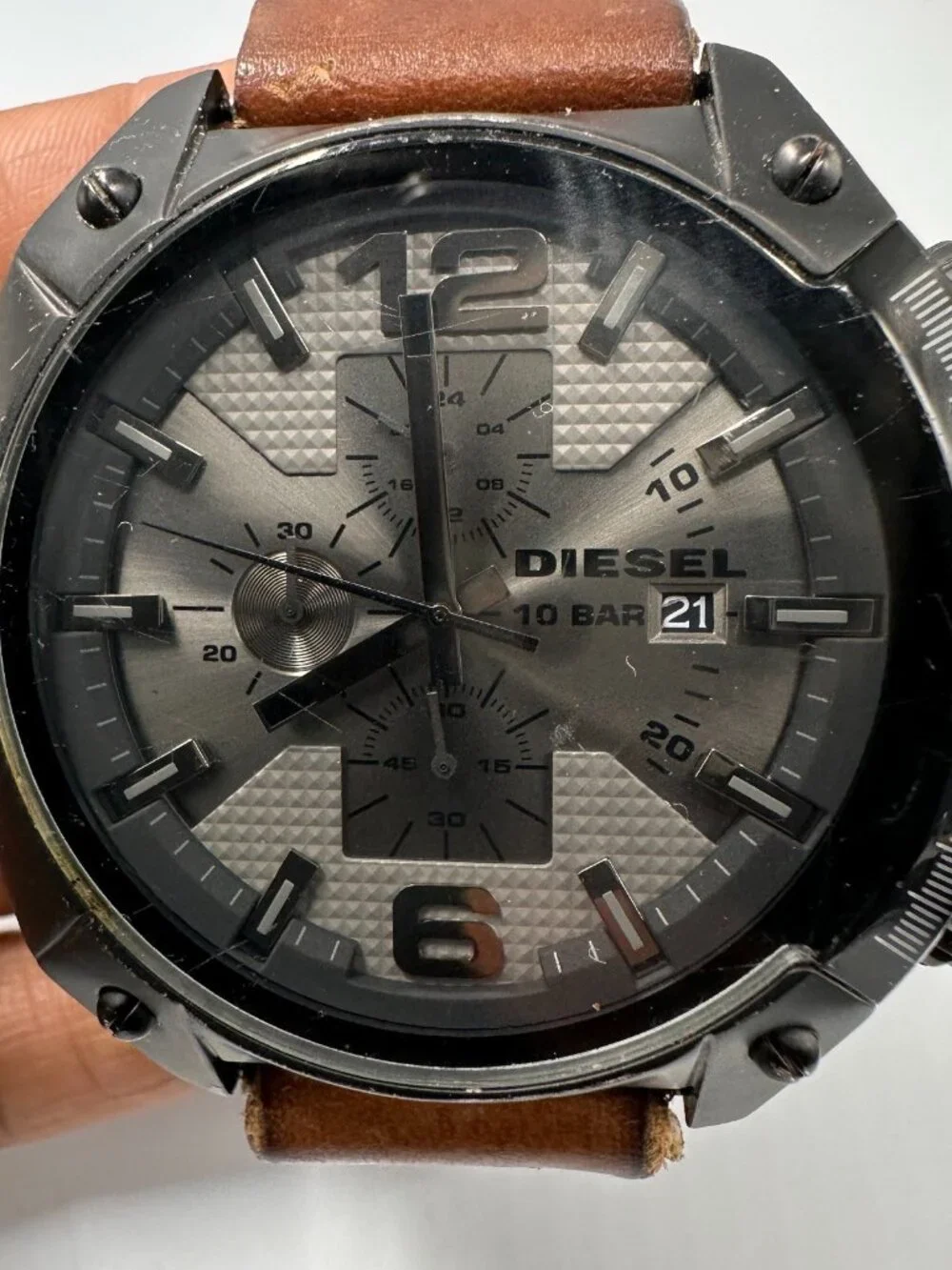 Diesel Overflow Chronograph Watch Mens Black Dial 50MM Brown Band New Battery